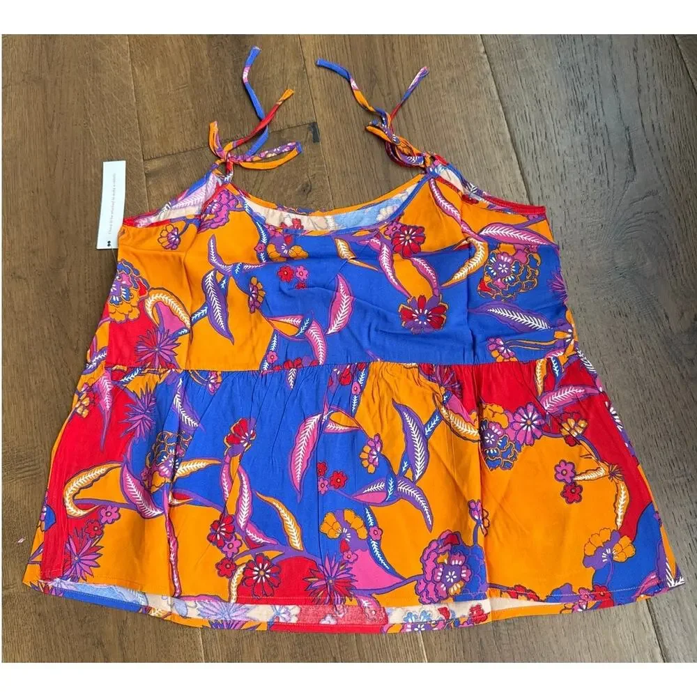 ModCloth Bohemia Bound Peplum Tank Top Orange Bali Floral Women's M NWT